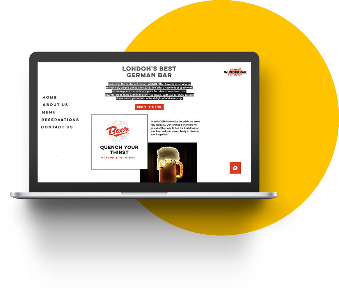 A laptop displaying a page on the website of one of our clients - 'Wunderbar'. The page displays info about the bar.